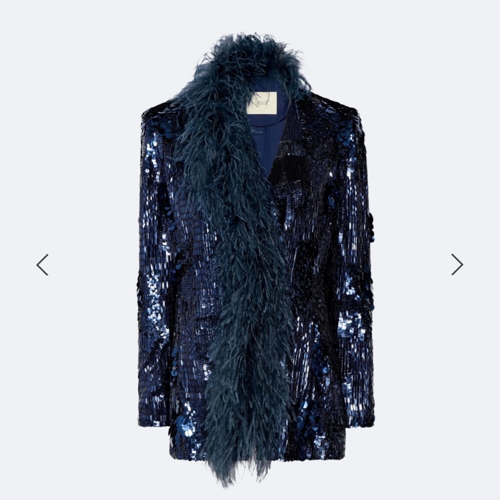 LAPOINTE Blue Blazer Patchwork Sequin Feather Trim Blazer - Picture 6 of 13